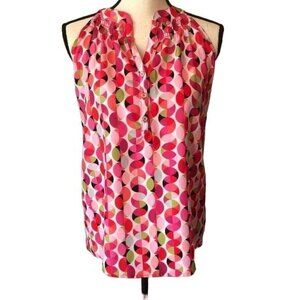Pappagallo Womens Size Small Pink Green Print Top Sleeveless Smocking Blouse